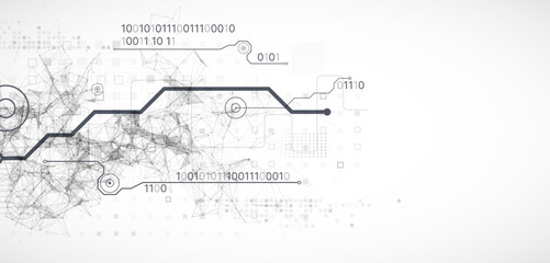 Abstract background on technological and scientific topics. Plexus effect with various techno details. Hand drawn vector.