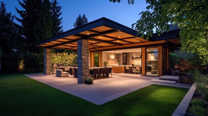 Naklejka premium Patio At Night. Modern Garden Patio Design with Contemporary House Exterior