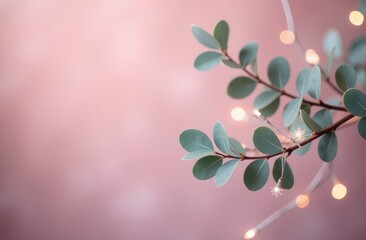 Obraz premium Eucalyptus branches with christmas fairy lights on pink backdrop.