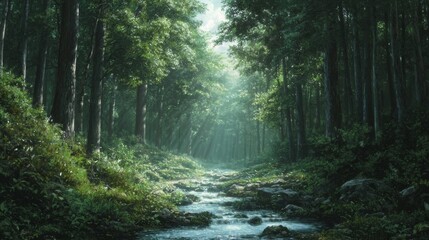 Serene Forest Stream  Sunlight Through Trees  Green Foliage  Nature Photography