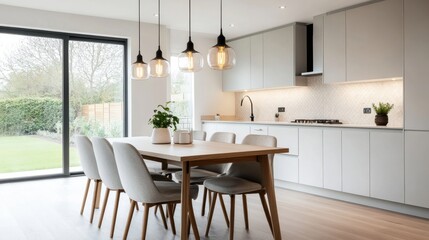 Fototapeta premium Modern Glass Pendant Lights Over Dining Table