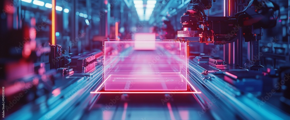 Poster futuristic factory with robotic arm and pink glowing box on a conveyor belt.