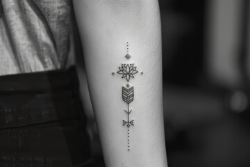A minimalist arrow tattoo on the forearm, pointing forward.