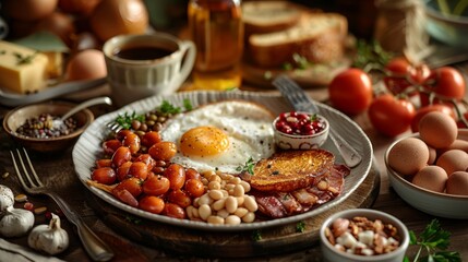 Obraz premium Delicious English Breakfast with Fried Egg Beans Bacon and Toast