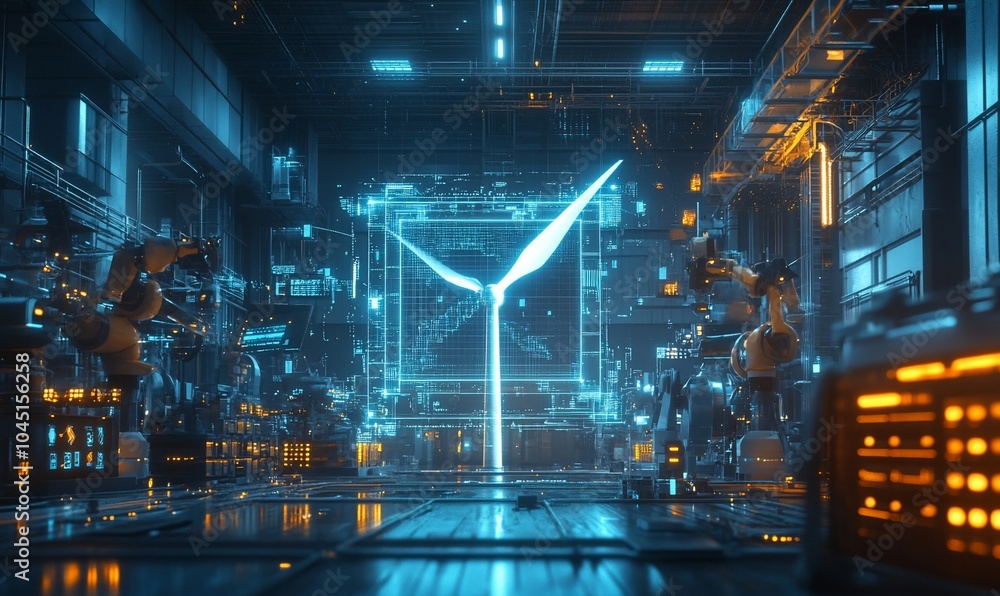 Poster Futuristic factory with robotic arms and a holographic windmill, showcasing the integration of technology and renewable energy.