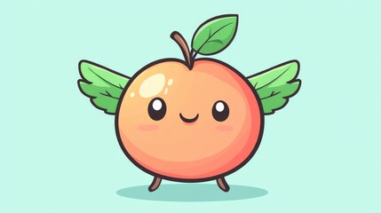 Obraz premium Cute 2D cartoon peach character with leaf wings A vegetable and fruit mascot illustrated in kawaii style ideal for animations children s content and creating adorable patterns or gift wraps