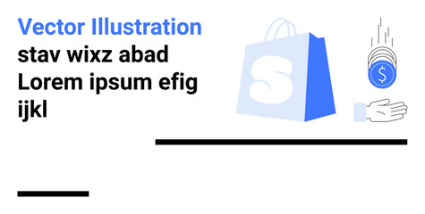 Shopping bag and coins falling into a hand. Ideal for e-commerce, online shopping, digital payment, retail, and marketing. Landing page