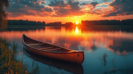 Fototapeta premium Canoe that is sitting in the water at sunset