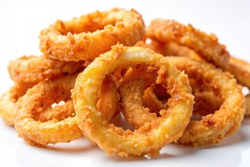 Extreme close-up of fried onion rings isolated on white background