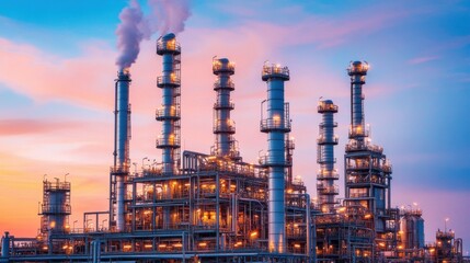 Fototapeta premium Nighttime View of Glowing Refinery Lights