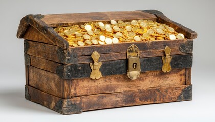 Treasure chest filled with gold coins isolated on a clean background
