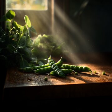 Fresh green pea pods on wooden table with light streaming through window.