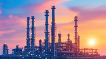 Obraz premium Sunset Over Oil Refinery with Tall Towers and Pipelines