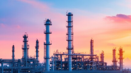 Obraz premium Sunset over Oil Refinery with Tall Towers