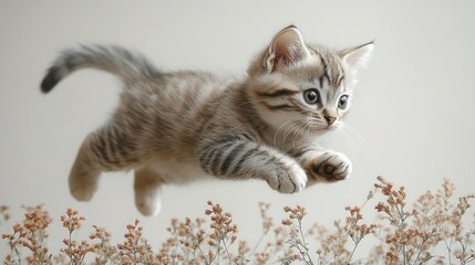 playful american shorthair jumps energetically against a pure white background, capturing the essence of feline grace and agility in an adorable, lively portrayal