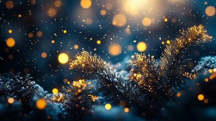 A close up of a christmas tree branch with lights in the background