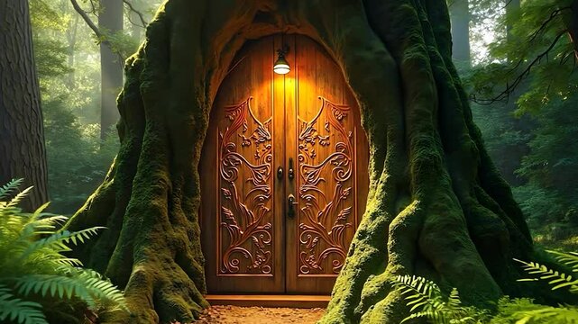 Ornate Wooden Door in a Moss-Covered Tree Trunk in a Forest