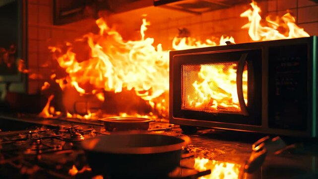 An incident involving a kitchen fire where the microwave was engulfed in flames occurred