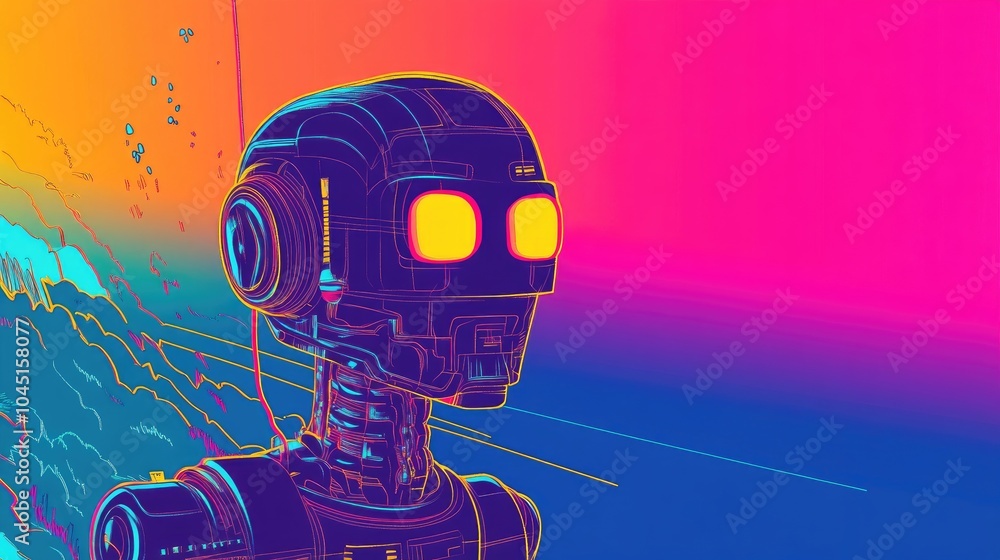 Poster dynamic gradient line illustration of a whimsical robot character