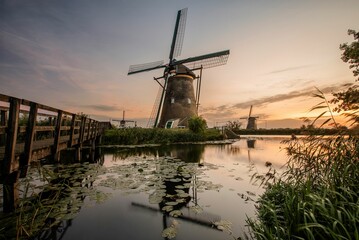 Dutch Windmills at Sunset in Kinderdijk