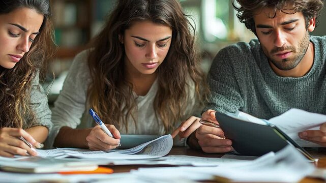 Three students collaborate in a library, examining a detailed tuition fee breakdown. They are focused on their work, with papers and digital devices scattered around them.