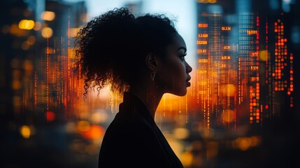 Double exposure portrait of a businessperson against a city skyline at sunset with data overlay