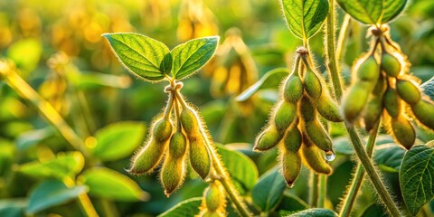 Obraz premium Extreme close-up of healthy green soybean plants during flowering period with punctured seeds