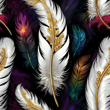 A vivid digital artwork featuring a metallic white feather, intricately decorated with colorful flowers and shimmering gold embellishments. Set against a deep, mysterious background, the feather&rsquo;s bea