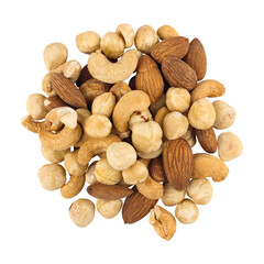 assorted nuts. Cashew, migdal and hazelnut. Isolated from background