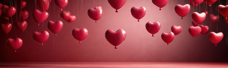 Many heart red balloons floating in the air with hearts