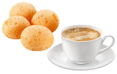 xícara com café expresso cremoso acompanhado de porção de pão de queijo isolado em fundo transparente