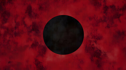 A deep red background with negative space, featuring a single black circle in the center, surrounded by soft shadows and subtle textures
