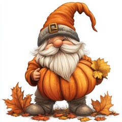 A cheerful gnome holding leaves and surrounded by autumn foliage.