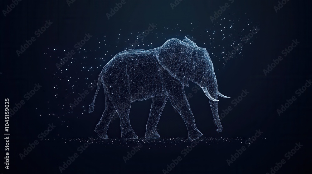 Poster elephant isolated from low poly wireframe on dark background. vector polygonal image in the form of 