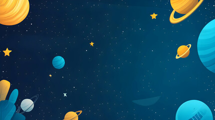 Fototapeta premium A deep space background with flat design planets and stars, scattered symmetrically on a dark blue canvas, creating a calming celestial scene