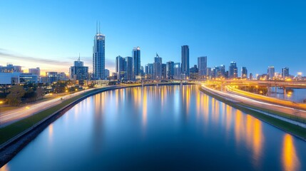 Fototapeta premium City Skyline at Dusk with River Reflections