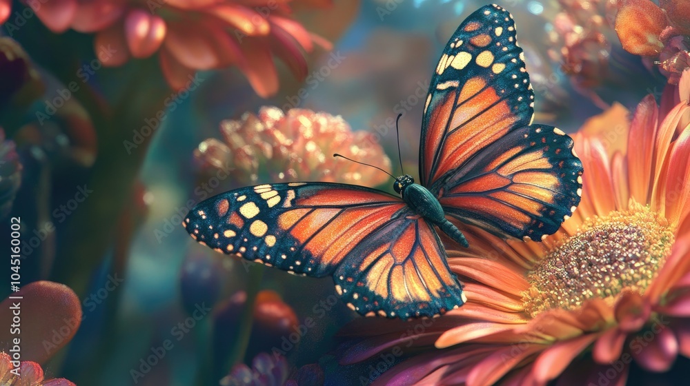Poster A close-up of a butterfly resting on a vibrant flower, its delicate wings displaying intricate patterns and colors.