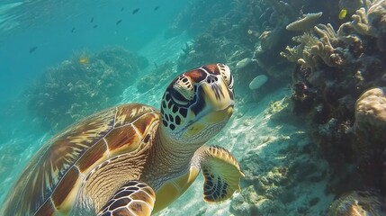 Obraz premium A close-up of a sea turtle swimming gracefully through crystal-clear waters, with coral and fish in the background.