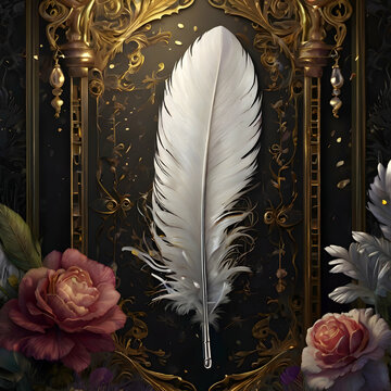 A vivid digital artwork featuring a metallic white feather, intricately decorated with colorful flowers and shimmering gold embellishments. Set against a deep, mysterious background, the feather&rsquo;s bea