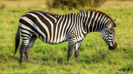 Naklejka premium A close-up of a zebra grazing in a grassy field, its black-and-white stripes standing out against the greenery.