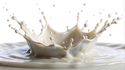 Extreme close-up of milk splashes and drops in the air on white background
