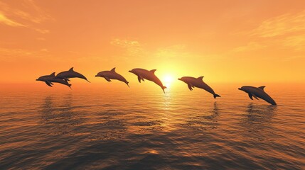 A group of dolphins jumping out of the ocean, silhouetted against a glowing orange sky at sunset.