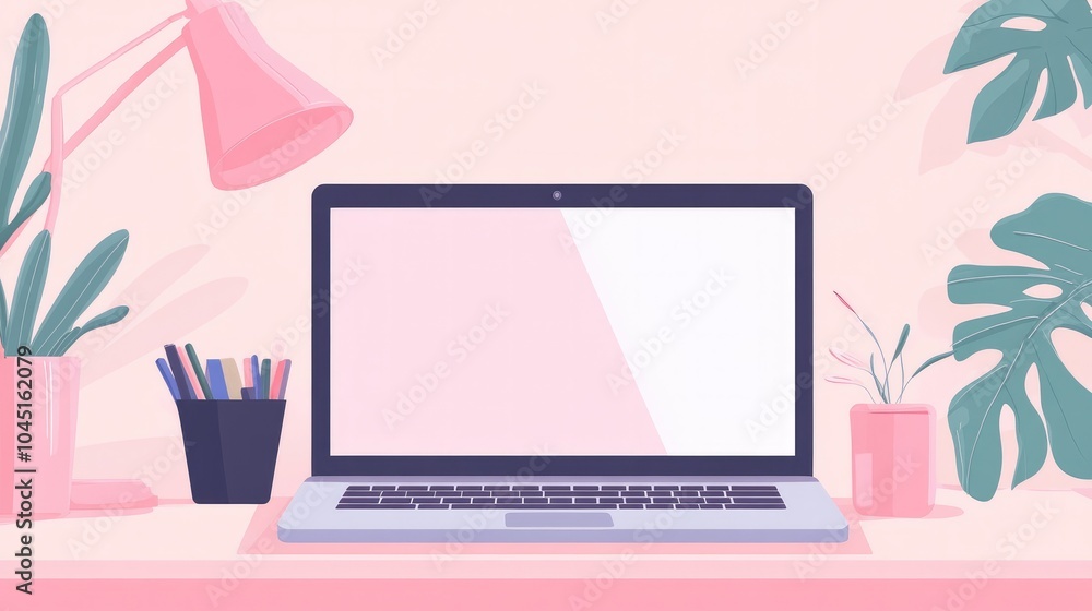 Poster a flat illustration of a laptop computer with a blank display screen, perfect for mockups or adding 