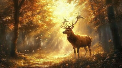 A majestic stag standing tall in a misty forest, with sunlight filtering through the trees and highlighting its antlers.