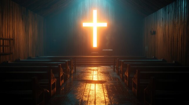 A glowing cross illuminated in a dark church interior, casting light on wooden pews and creating a peaceful atmosphere of worship