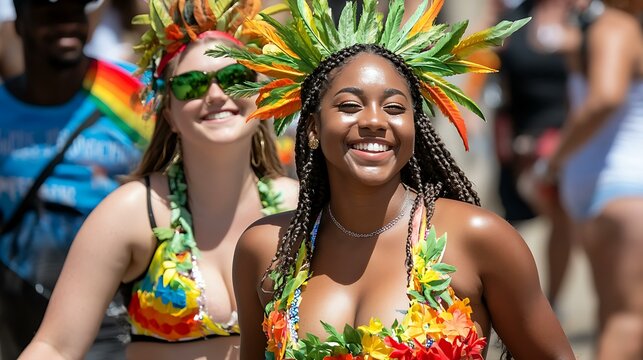 A LGBTQ pride parade in a vibrant city, with people of different genders and races marching in unity and celebration.