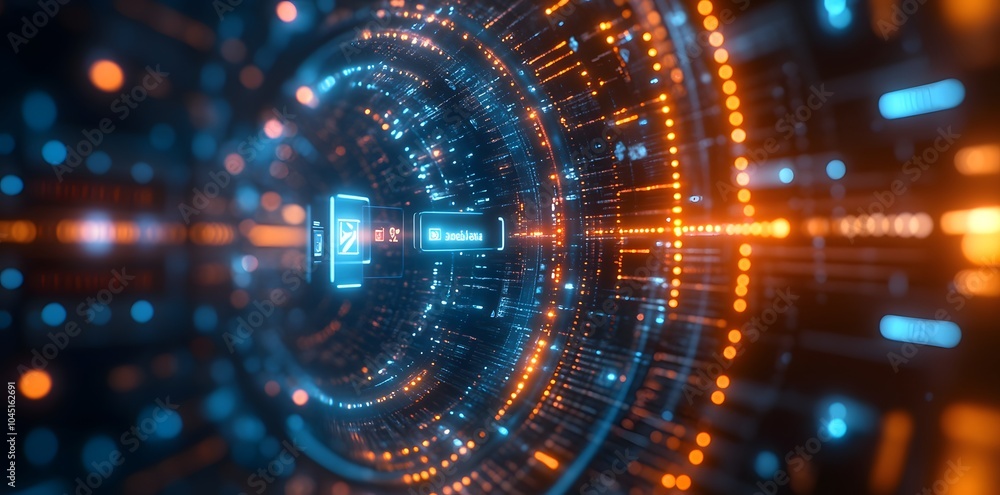 Poster abstract digital tunnel with glowing data streams and nodes, representing technology and connectivit