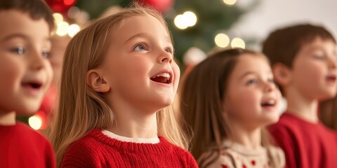 Children singing joyfully in festive clothing, capturing the spirit of celebration.