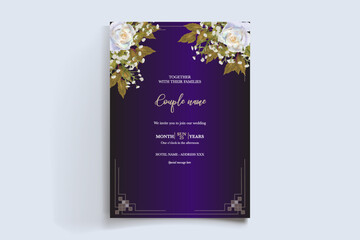 WEDDING INVITATION FRAME WITH FLOWER DECORATIONS AND FRESH LEAVES