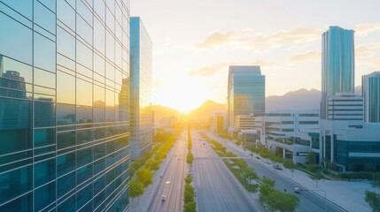 Fototapeta premium Modern Cityscape with Glass Buildings and Sunset Sky